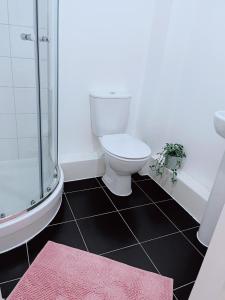 曼彻斯特Shared Modern Apartment Double Bedroom With Attached Bath的一间带卫生间和淋浴的浴室以及粉红色地毯。