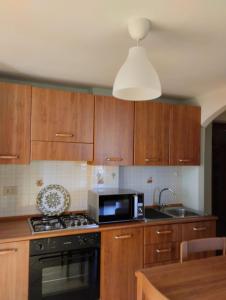 卡普多兰多franci e aurora house的厨房配有木制橱柜和黑微波炉