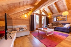 瓦尔Chalet Mountainside avec sauna et jacuzzi à 200m des pistes的带沙发和电视的客厅