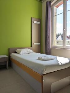 佩罗讷Auberge des Remparts的绿色卧室设有一张带窗户的床