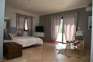 滨海萨纳里La Villa Blanche的一间卧室配有一张床、一台电视和一把椅子