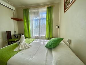 比亚米尔港El Rincón de George的一间卧室配有一张带绿色窗帘的床和窗户。