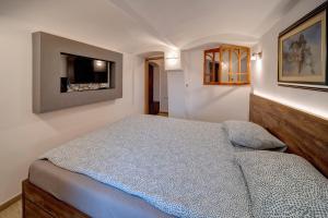 贝尔格莱德Apartment Vrabac, Kosančićev Venac的卧室配有一张床,墙上配有电视。