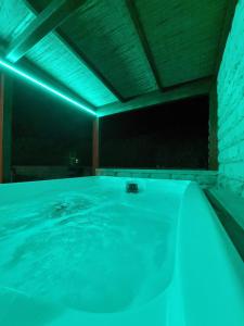 诺托玛丽娜Residence Del Tellaro的室内的游泳池,有蓝色的灯光