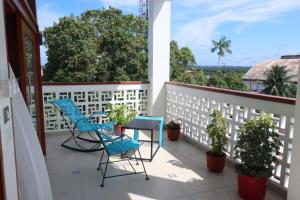 伊基托斯Morona Flats & Pool - 70 m2的阳台配有蓝色的椅子和桌子,还有一些植物