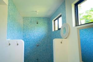 帕沃内斯Hostel Esperanza的浴室设有蓝色瓷砖墙壁和淋浴。
