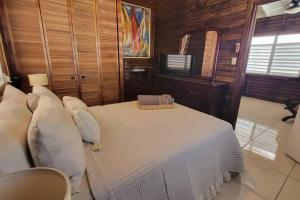 卡沃罗霍“La Choza” Beach Cabin en el Poblado de Boquerón的一间卧室配有带白色床单和枕头的床。