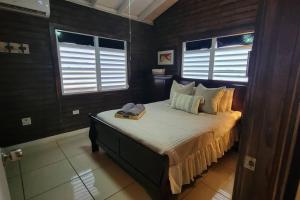 卡沃罗霍“La Choza” Beach Cabin en el Poblado de Boquerón的一间卧室设有一张床和两个窗户。