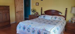 RiversideMountainview Solitude Inn的一间卧室配有一张大床和木制床头板