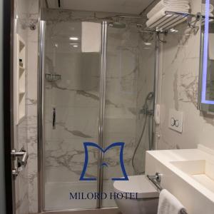 伊斯坦布尔Milord Hotel的带淋浴的浴室和玻璃门