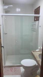 伊塔齐米林Pousada Ilha de Itacimirim的带淋浴、卫生间和盥洗盆的浴室