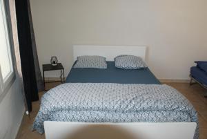 Anianemas的一间卧室配有一张带蓝色棉被和枕头的床