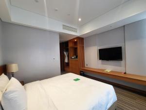 仁川市Hotel Tour Incheon Airport Hotel & Suites的配有一张床和一台平面电视的酒店客房