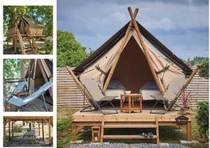 卡斯特拉讷卡尔姆自然露营地的一张带椅子和桌子的帐篷照片拼贴