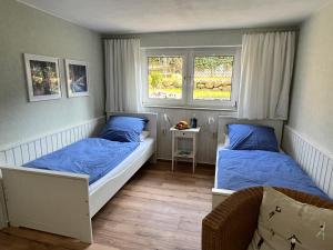萨斯尼茨Sonnige Souterrain-Ferienwohnung的一间卧室配有两张带蓝色枕头的床