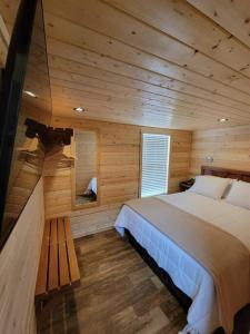 瓦莱036 Tiny Home nr Grand Canyon South Rim Sleeps 8的小木屋内一间卧室,配有一张床