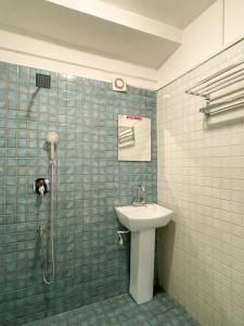 麦罗肯机Eevolve Dharamkot - An Eco Hostel的一间带水槽和淋浴的浴室