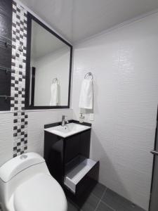 派帕Comoda casa para descansar en Paipa & excelente ubicacion的一间带水槽、卫生间和镜子的浴室