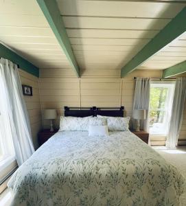 巴港Chalet with a Private Beach in Acadia National Park的一间卧室设有一张床和两个窗户。