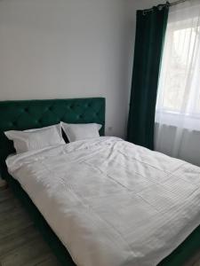 奥拉迪亚APARTAMENT IN CENTRU的一张白色大床,带有绿色床头板和窗户