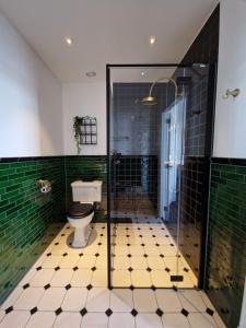 坎彭't Hanzehuys的一间带卫生间和绿色瓷砖墙壁的浴室