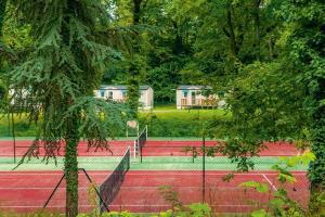 Mirgaudonmobil home的一群拥有树木和房屋的网球场