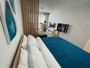 斯科普里Urban 1 - Apartment for modern nomads的一间卧室设有一张床和一间客厅。