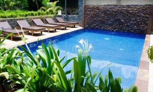 暹粒Jasmine Lodge Siem Reap的花园内的游泳池,周围设有躺椅