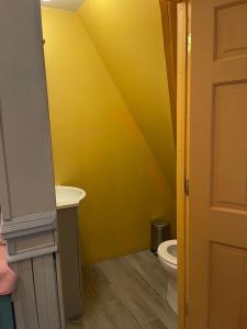 卡拉马祖亨德森城堡住宿加早餐旅馆的黄色的浴室设有卫生间和水槽