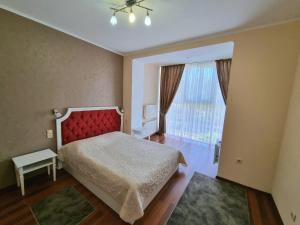 尼古拉耶夫Helen Hotel的一间卧室设有一张床和一个大窗户