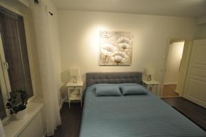 玛丽港联排别墅公寓的一间卧室配有一张带蓝色枕头的床,墙上挂着一幅画作