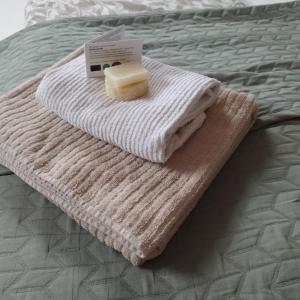 PählSeenswert - Vegane Pension und Ferienwohnungen am Ammersee的床上的棕色和白色毛巾