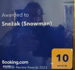 博希尼Snežak (Snowman)的把一个标志的照片放在窗口中的人