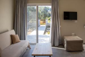 斯沃伦塔Casa De Rosa Apartments & Studios的带沙发和滑动玻璃门的客厅