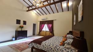Unique Furnished Holiday Villa Bahrain的一间卧室配有一张床、一个梳妆台和一扇窗户。