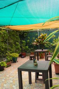 危地马拉Casa Irma的一个带桌子和一些盆栽植物的庭院