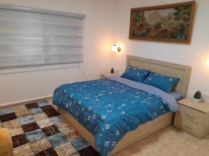 Ein Kinyaגבעת האלון的一间卧室设有蓝色的床和窗户。