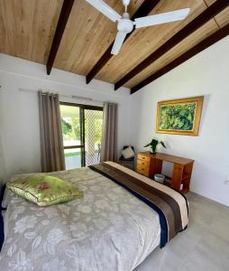 库兰达Botanica House Kuranda的一间卧室配有一张床、一张书桌和一个窗户。
