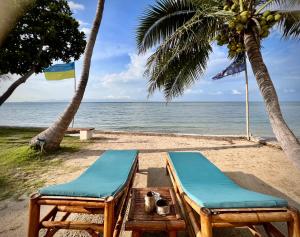通萨拉Three rare & private front beach villas的海滩上的两把椅子,与大海