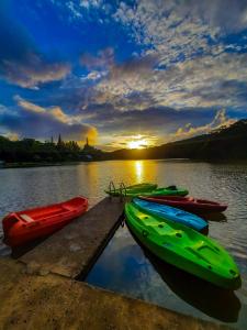 塞罗阿苏尔Cabañas Lago Cerro Azul - Lake of Panama的一群船坐在码头的水面上