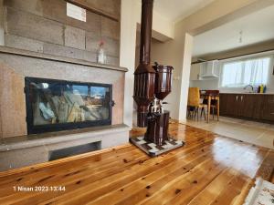 YenicefelekettinManzaralı Villa Bolu Sefa Konakları Kaçkar Dağ Evleri 3 room Villa for Rent فيلا ايجار منظر جميل的客厅设有壁炉和木地板。