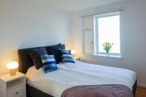 哥本哈根Penthouse - Amazing views & hygge的一间卧室配有一张带蓝色枕头的床和一扇窗户。
