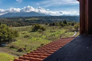 AmfithéaΞυλόσπιτο στη Στενή的从一座背景为山脉的建筑的屋顶上可以欣赏到风景