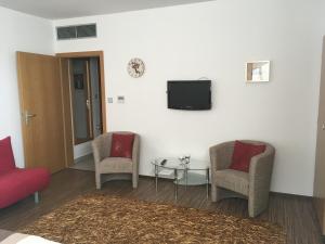MalenoviceUbytování Pod Borovou的客厅配有两把椅子和墙上的电视