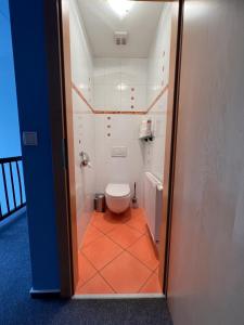 特罗法伊亚赫Schönes Haus inmitten der schönen Natur的浴室设有卫生间,铺有橙色瓷砖地板。
