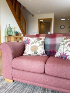 圣安德鲁斯Woodside Apartments的客厅配有带两个枕头的紫色沙发