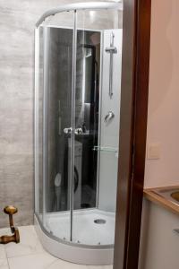 维也纳Family&Friends Apartments Schönbrunn的浴室里设有玻璃门淋浴