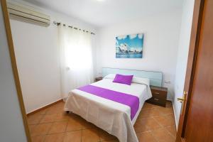 科尼尔-德拉弗龙特拉双子公寓的一间卧室配有一张带紫色枕头的床