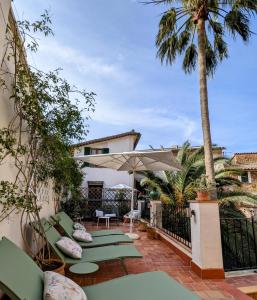 索列尔Can Abril的一个带椅子和遮阳伞的庭院,棕榈树