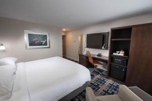 亨特斯维尔Four Points by Sheraton Charlotte - Lake Norman的酒店客房配有一张床、一张书桌和一台电视。
